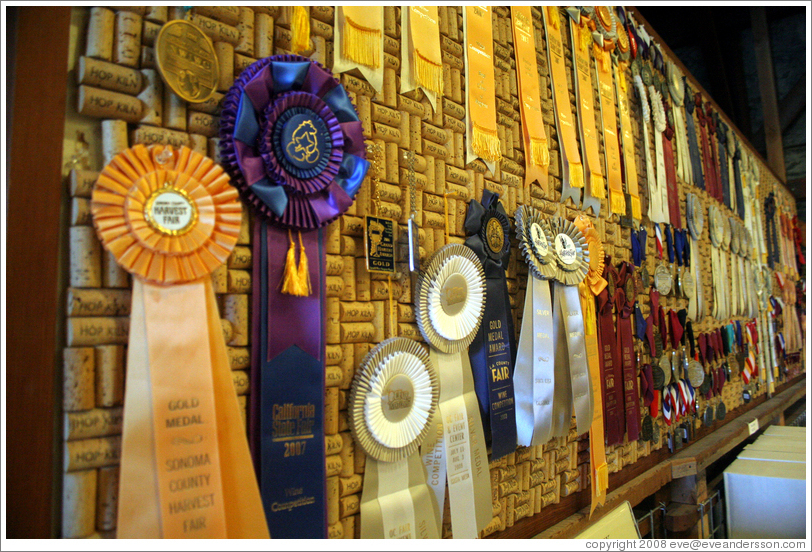 Wall of awards.  Hop Kiln Winery.