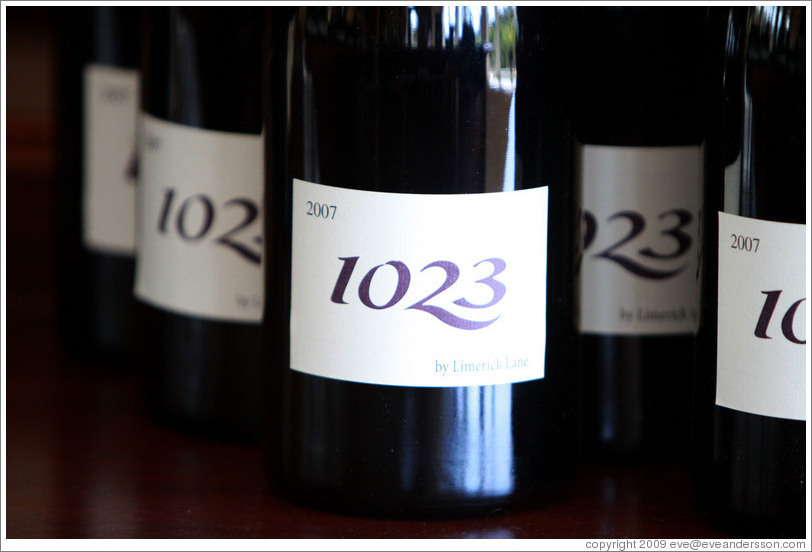 Closeup, bottles of 1023 wine, Limerick Lane Cellars.