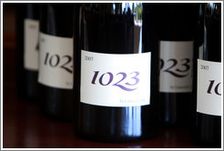 Closeup, bottles of 1023 wine, Limerick Lane Cellars.