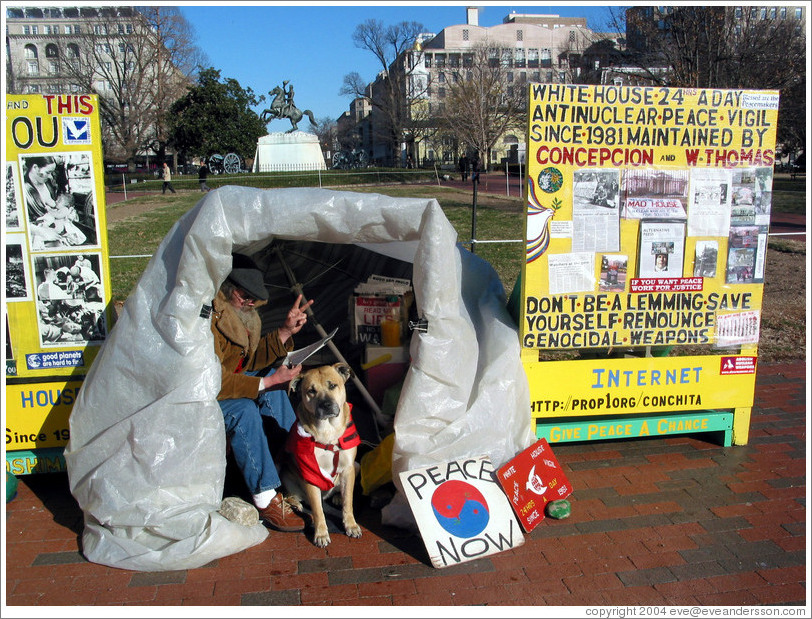 Thomas has been campaigning for peace near the White House since 1981.  More info: <a target=new href=http://prop1.org>prop1.org</a>.