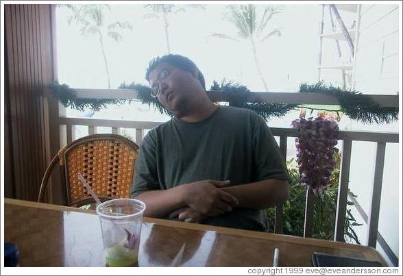 Jin asleep at the hotel restaurant. Kaanapali, Maui.