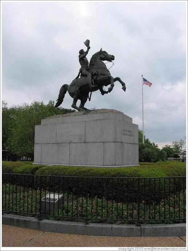 French Quarter. Statue of Andrew Jackson, considered a hero in New Orleans.  This statue was the first to consist of a horse standing on only its back legs -- a difficult balancing problem.