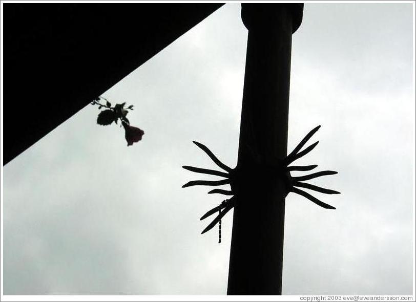 French Quarter. Many of the posts holding up balconies contain "Romeo Spikes", making it harder for suiters to climb up. Intriguingly, this particular balcony also had a rose hanging down.