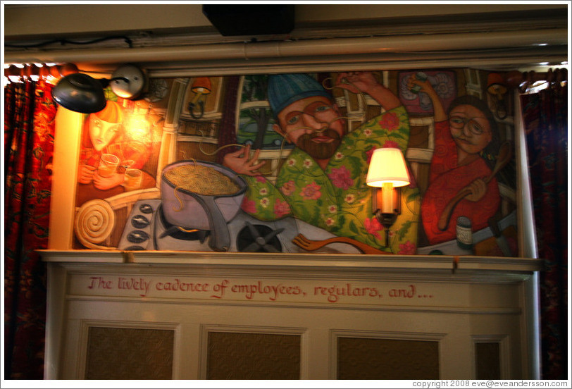 Mural of man threading spaghetti through his nose.  Interior of The Rams Head pub. Hoyt St. and 23rd Ave., Alphabet District. 