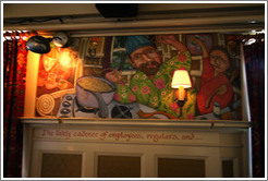 Mural of man threading spaghetti through his nose.  Interior of The Rams Head pub. Hoyt St. and 23rd Ave., Alphabet District. 
