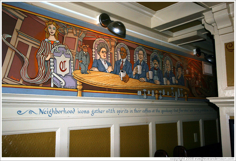 Mural of patrons drinking alcohol in coffee cups during Prohibition.  Interior of The Rams Head pub. Hoyt St. and 23rd Ave., Alphabet District.