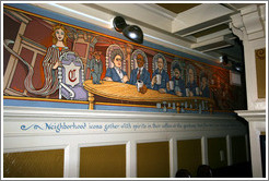 Mural of patrons drinking alcohol in coffee cups during Prohibition.  Interior of The Rams Head pub. Hoyt St. and 23rd Ave., Alphabet District.