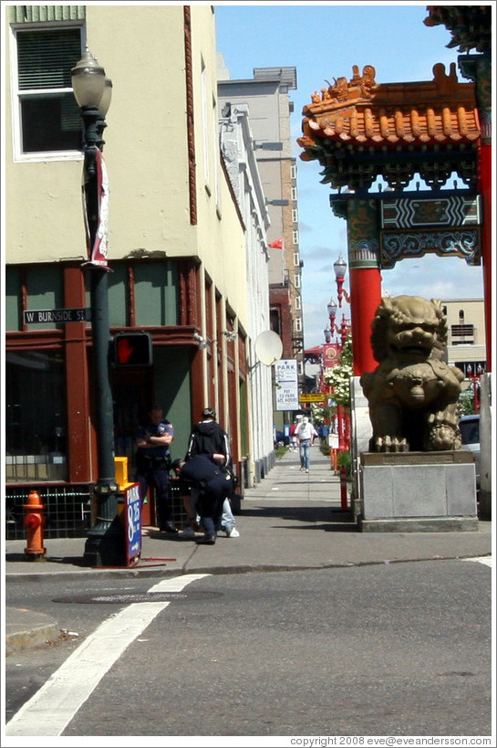 Guy getting arrested near Portland Chinatown gate.