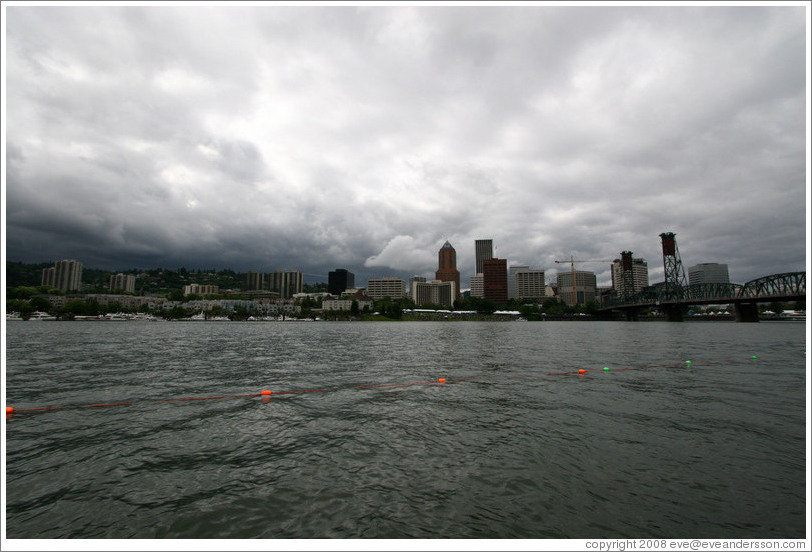 Portland skyline with Hawthorne Bridge, viewed from Willamette River.