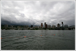 Portland skyline with Hawthorne Bridge, viewed from Willamette River.