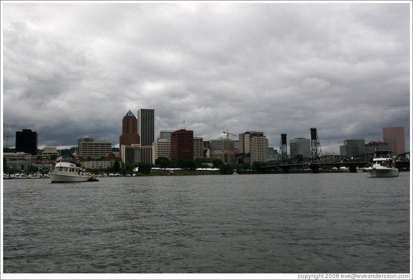 Portland skyline with Hawthorne Bridge, viewed from Willamette River.