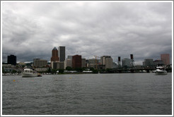 Portland skyline with Hawthorne Bridge, viewed from Willamette River.