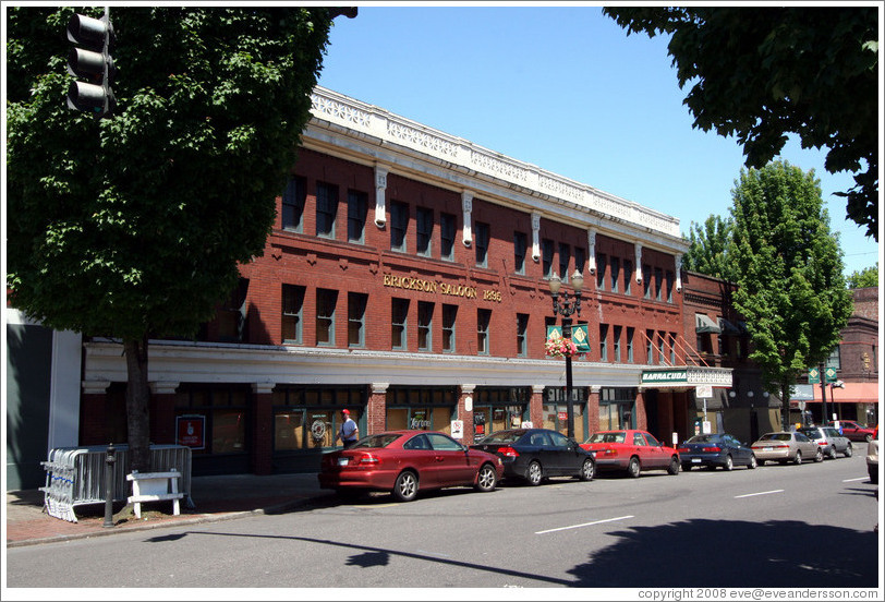 Old brick building labeled "Erickson Saloon 1895." 2nd Ave. and Burnside St., Portland.