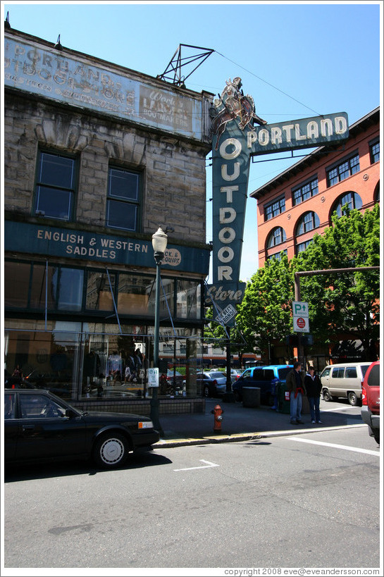Old building labeled "Outdoor Store." Oak St. and 3rd Ave., Waterfront District.