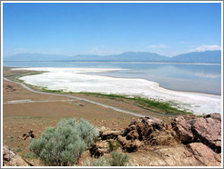 Terrain and salty shore of Antelope Island.