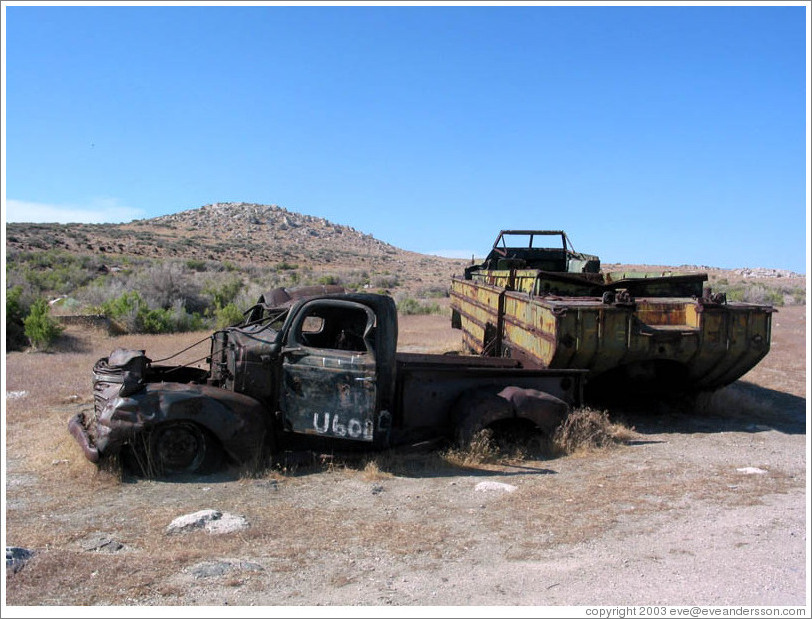 Old car and duckboat near the Spiral Jetty