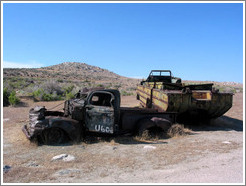 Old car and duckboat near the Spiral Jetty.