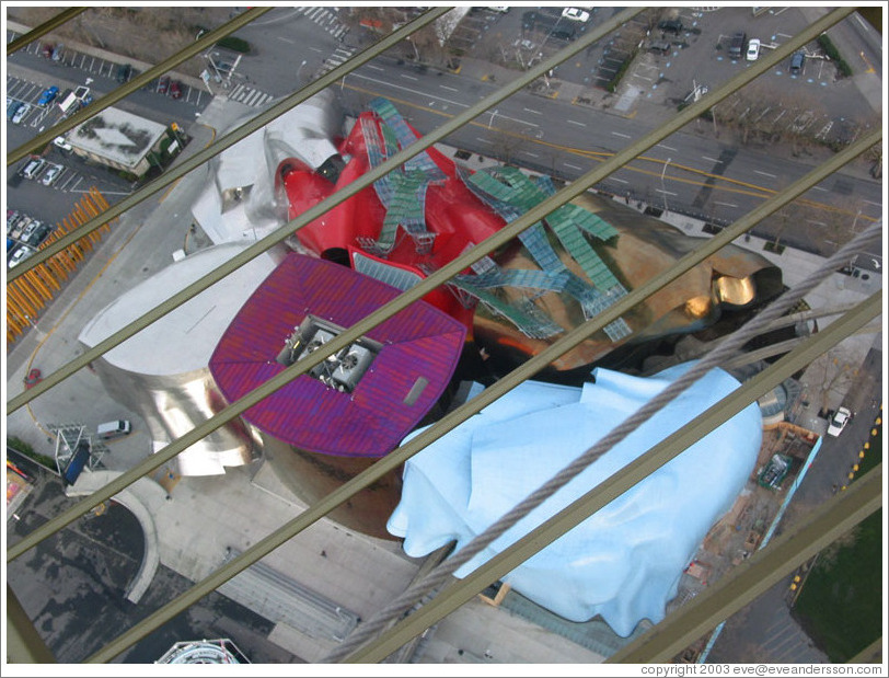 The top of the Experience Music Project as seen from the Space Needle deck.  I've heard that it's supposed to look like a smashed guitar.