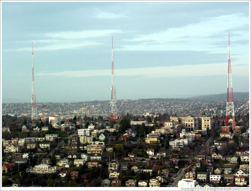 The 3 radio towers of Queen Anne, as viewed from the Space Needle.
